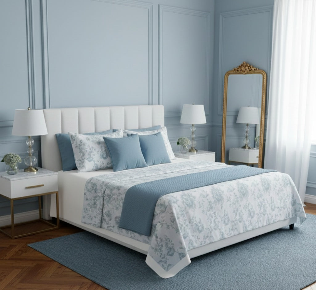 completo letto parigi colore azzurro prodotto made in italy cotone percalle linea artigianale 