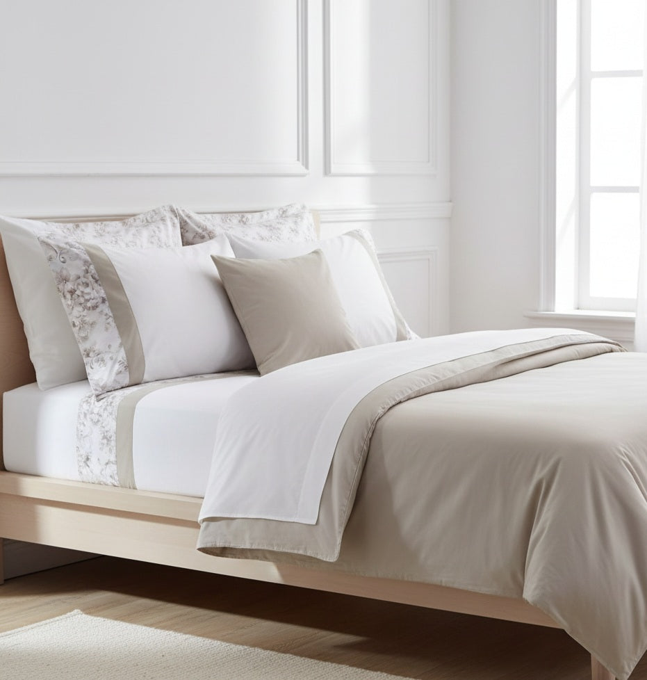 Completo letto Pisa in percalle di cotone con doppia balza – Rosa e Sabbia