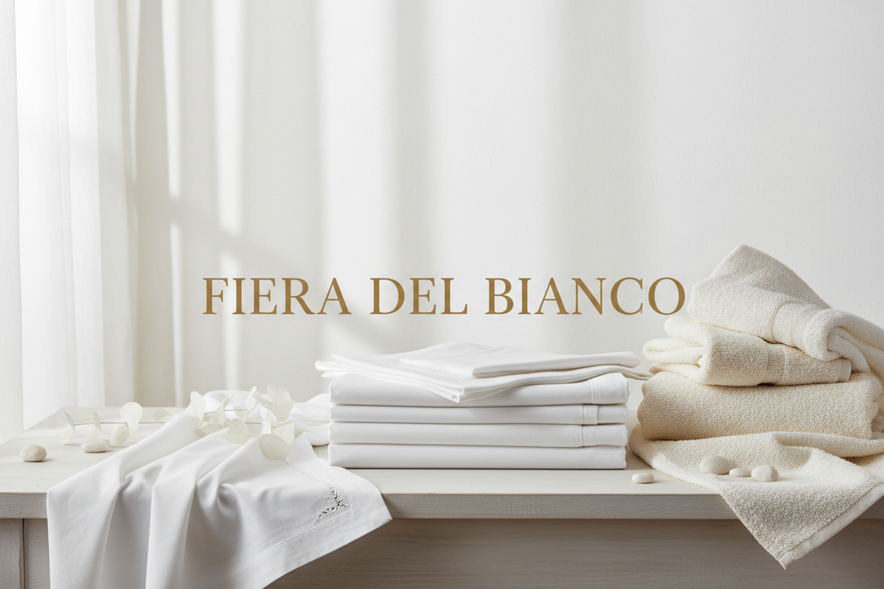 CREAMI UN IMMAGINE DI COPERTINA CHE DIA L'IDEA DI UNA FIERA DEL BIANCO. VOGLIO IL TESTO CENTRALE "FIERA DEL BIANCO" , L'IMMAGINE DEVE ESSERE PULITA E SEMPLICE, DEVE DARE L'IDEA DI UNA FIERA DEL BIANCO ELEGANTE E UNICA