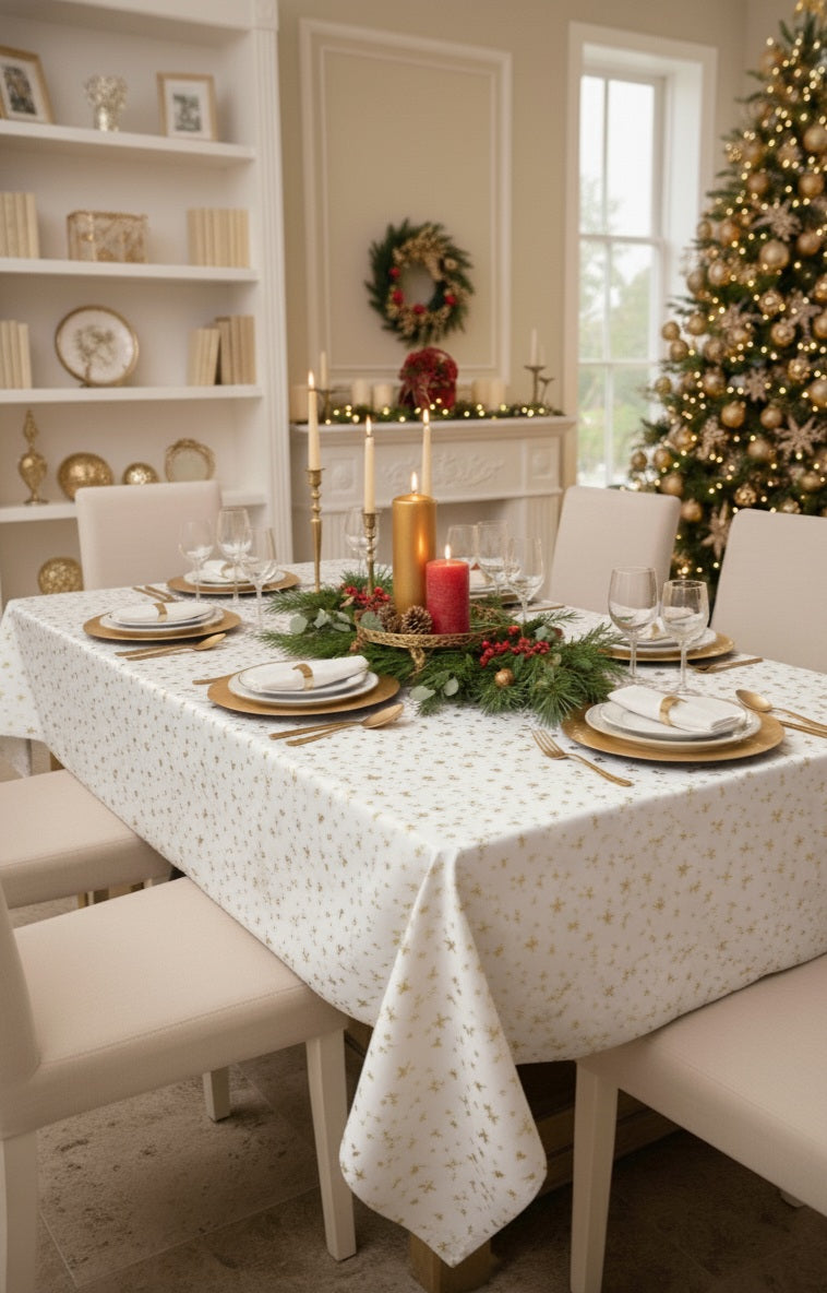 Tovaglia natalizia bianca con stelle dorate in cotone e lurex su tavola imbandita
