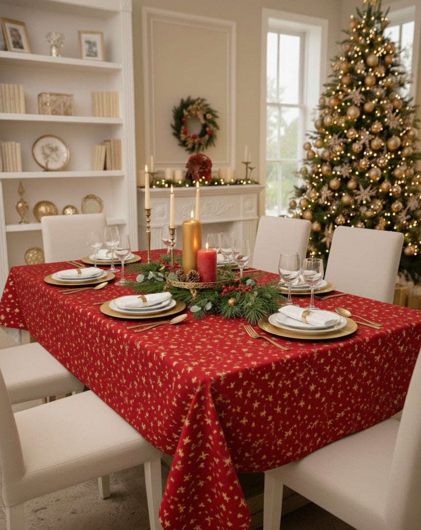 Tovaglia natalizia rossa con stelle dorate cotone e lurex