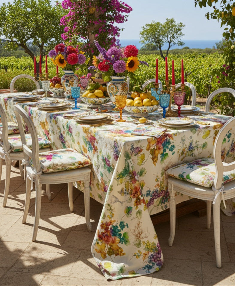 Tovaglia in puro lino NeroPerla con stampa botanica floreale 150x190 150x250 cm